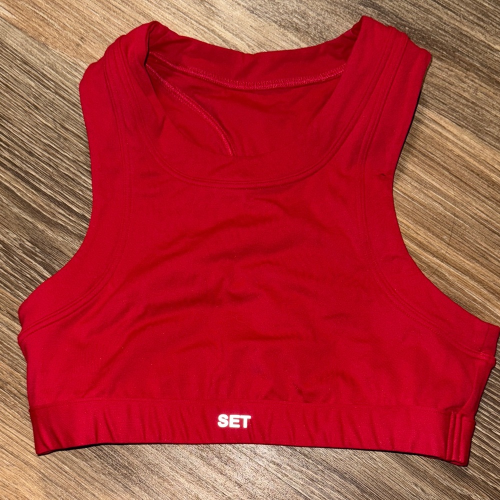 SET red sports bra size M EUC set Active x Justine skye
